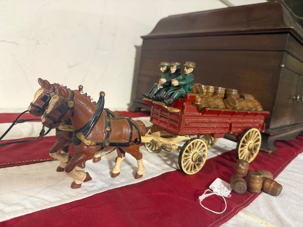 Rare Vintage Cast Iron Clydesdale Horses Beer Barrel Wagon